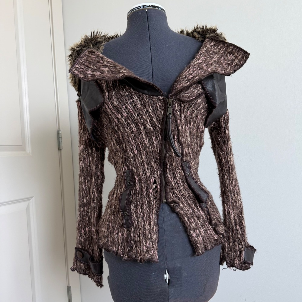 Vintage Fitelle Brown and Pink Wool Blend Faux Fur Trimmed Sweater Jacket